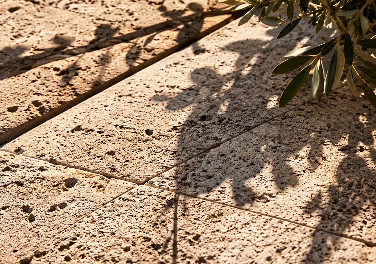 Travertine paving with olive branches casting shadows across its pitted surface