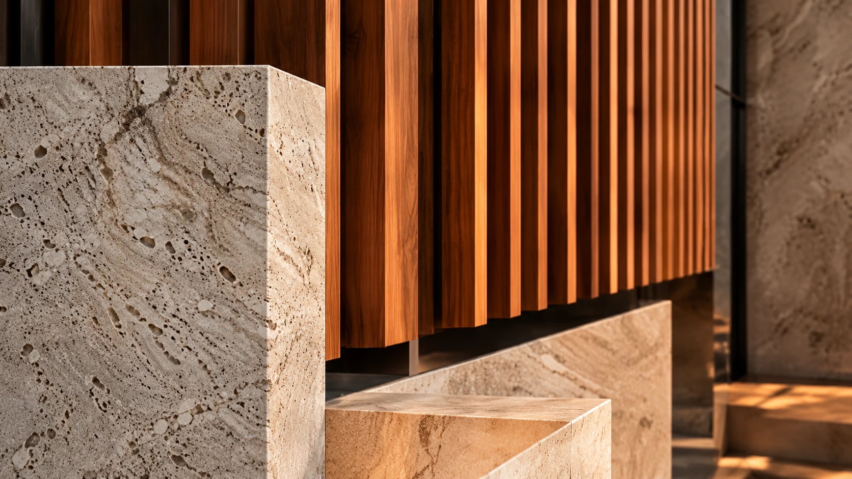 Vertical timber battens meeting blocks of pale travertine in low sunlight