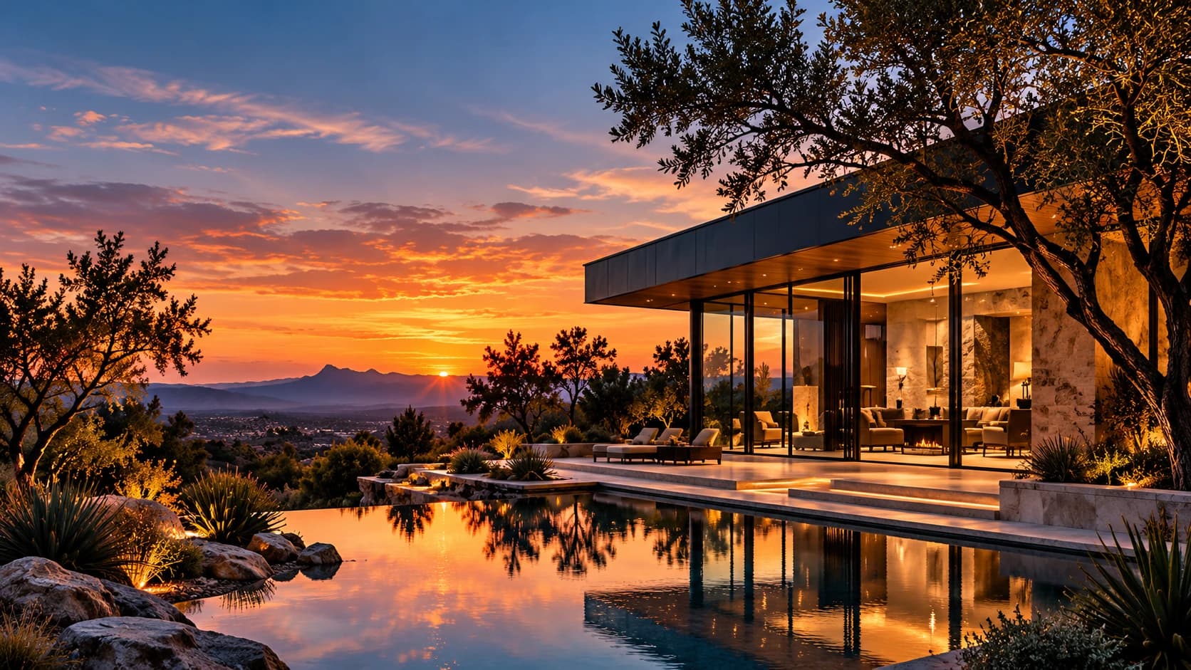 A low modern residence with glowing glass walls beside a reflecting pool, olive trees and distant mountains at sunset