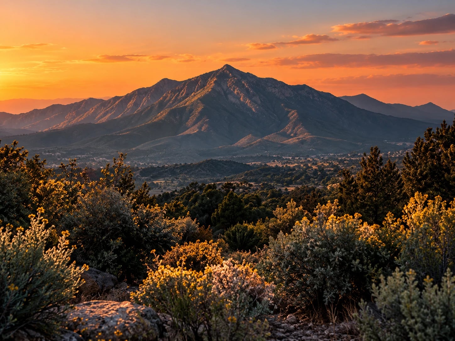 A rugged mountain peak under an orange sunset sky above dense native scrub