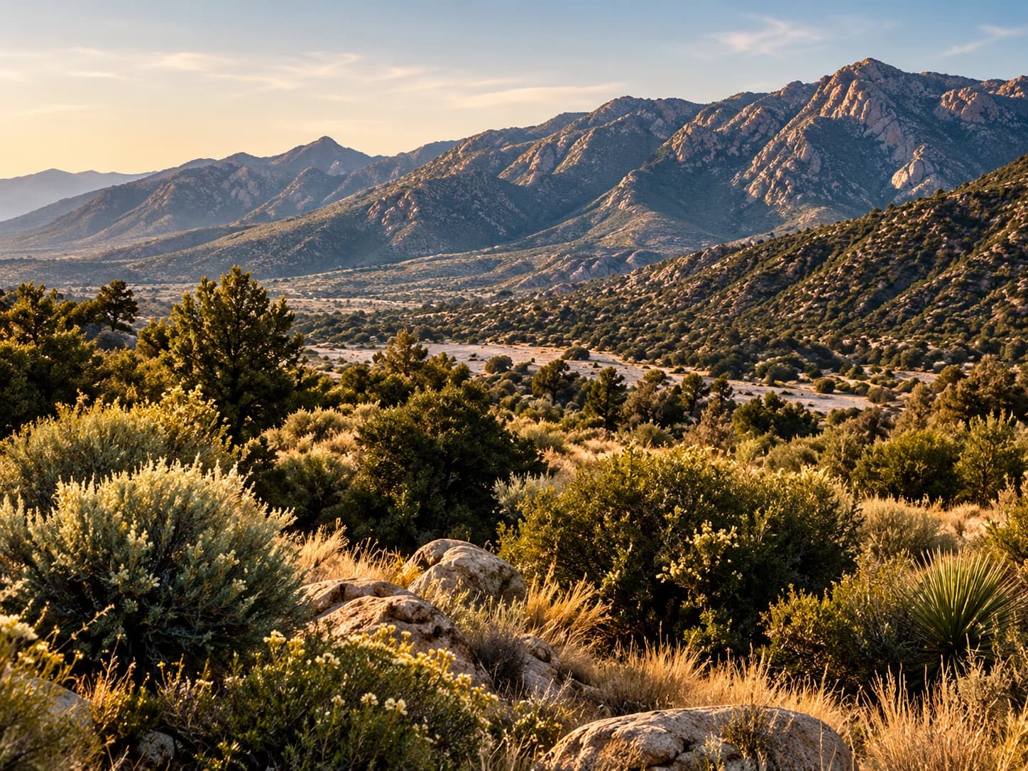 Native shrubs and grasses in warm evening light with a mountain ridge beyond