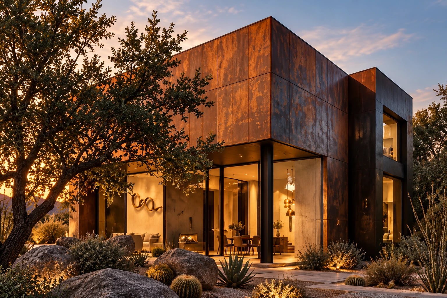 Concept rendering: a two-story house clad in weathered steel panels, lit from within at dusk among desert planting