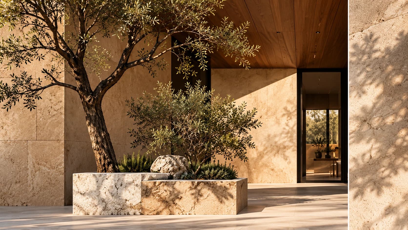 Concept rendering: a limestone courtyard with an olive tree in a stone planter beneath a timber overhang