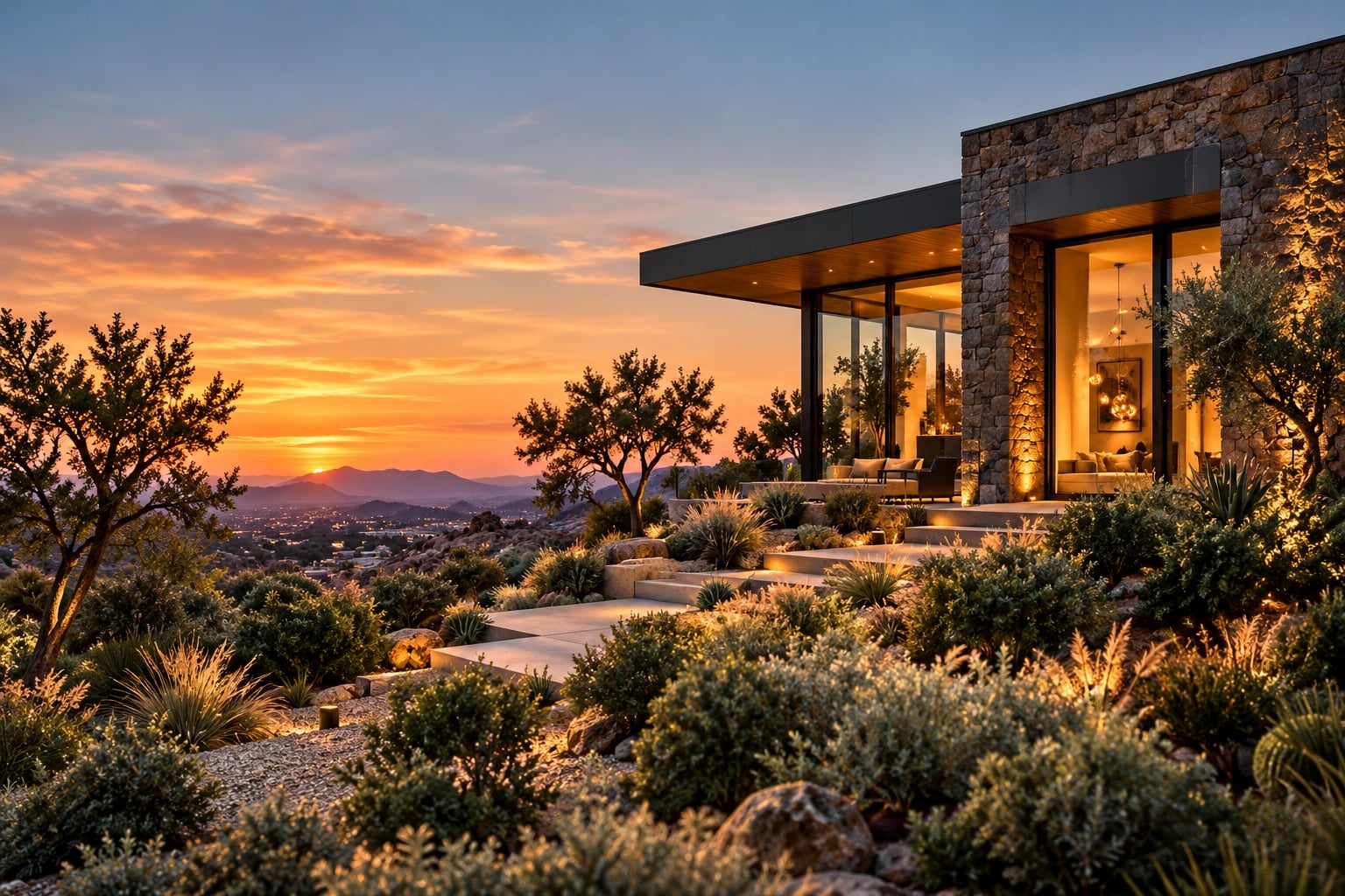 Concept rendering: a stone and glass hillside residence among native planting as the sun sets over the valley