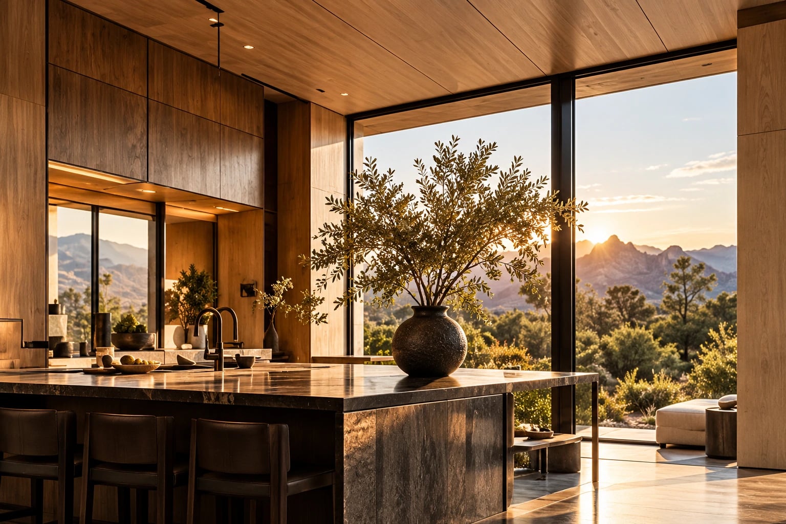 Concept rendering: an open-plan kitchen with walnut cabinetry, a dark stone island and full-height glass facing the mountains