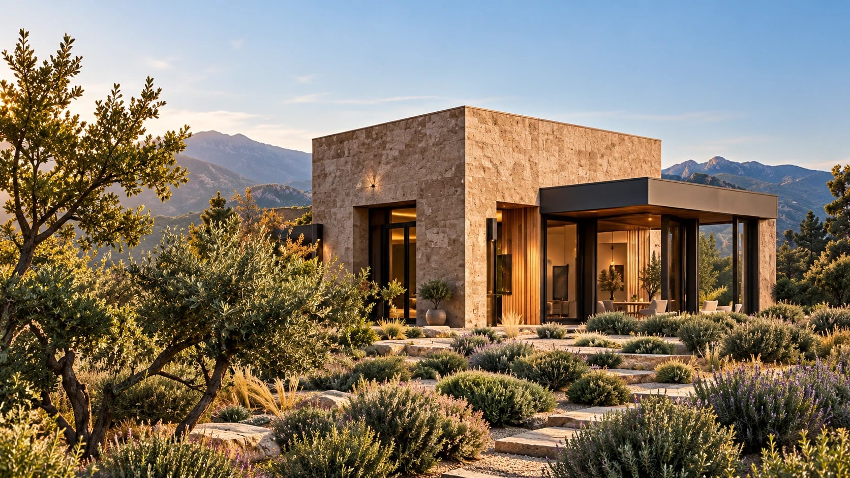 Concept rendering: a compact limestone volume with a dark steel canopy set in a garden of grasses and olive trees