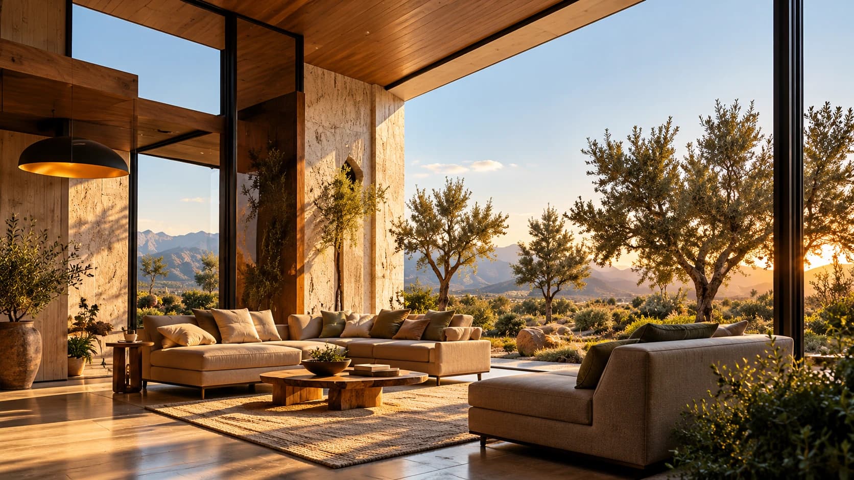 Concept rendering: a covered outdoor room with deep sofas, a timber soffit and a limestone column framing the landscape