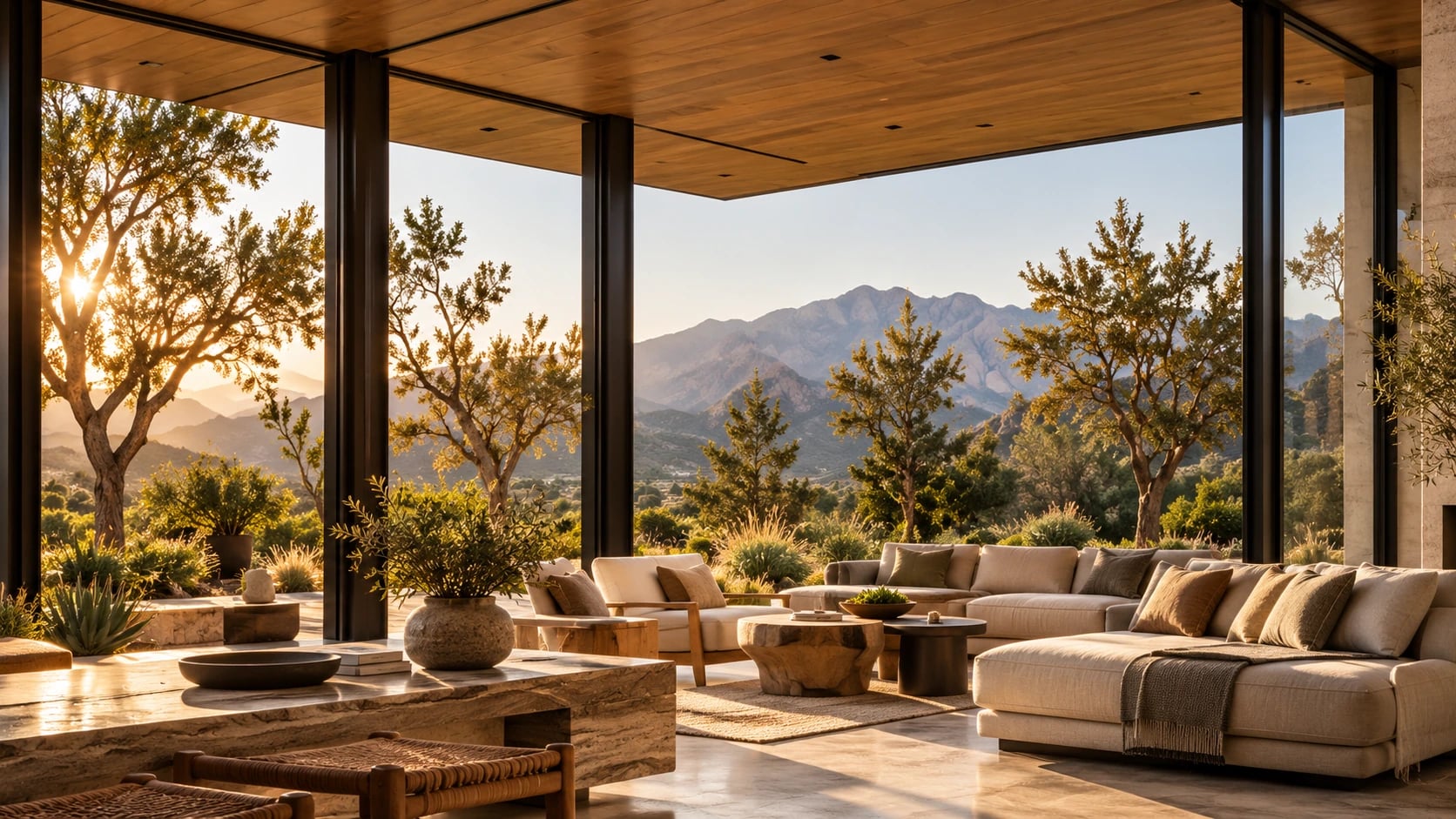 Concept rendering: a living room under a warm timber ceiling, opening through steel-framed glass to trees and mountains