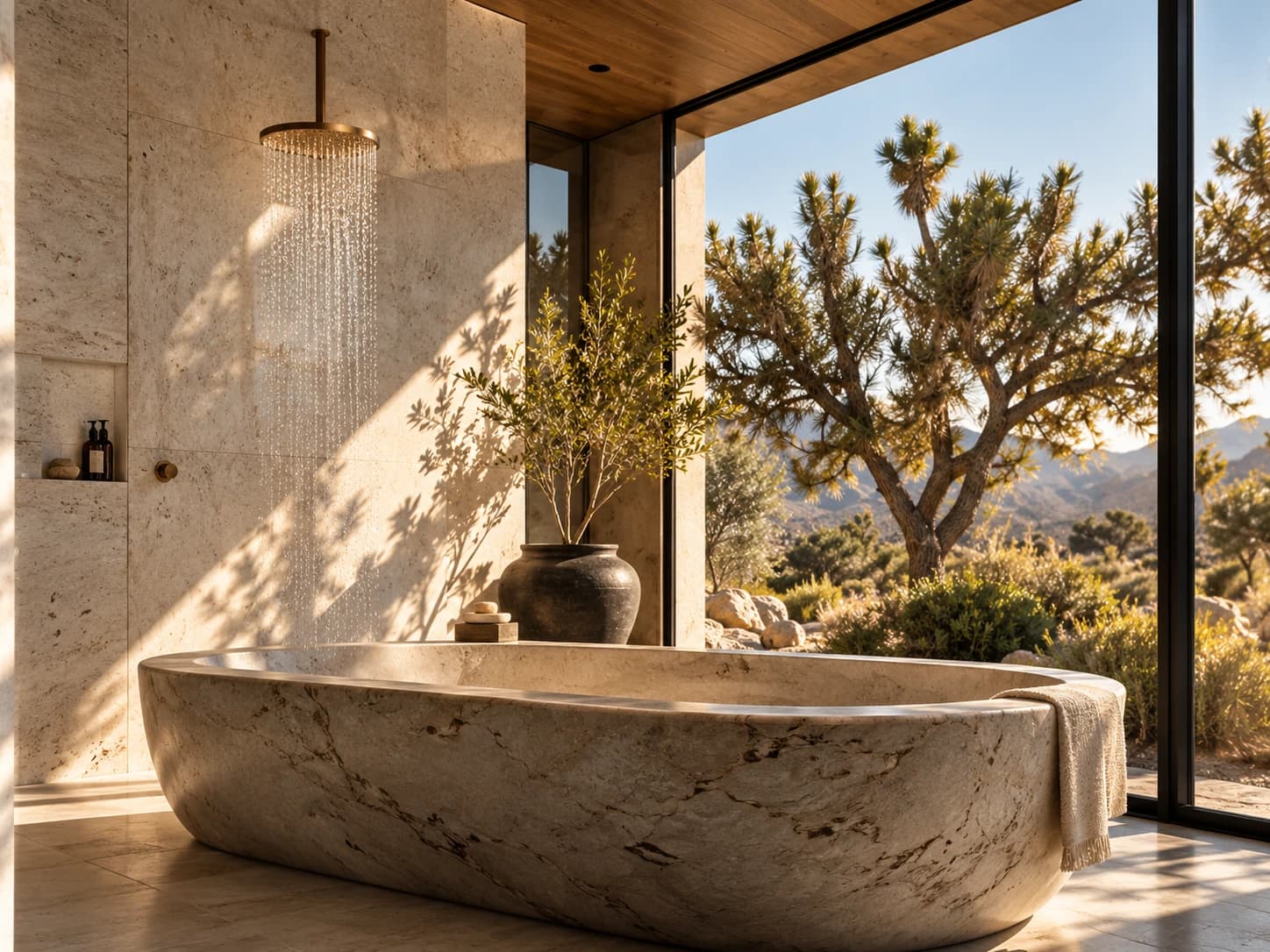Concept rendering: a carved stone bathtub beside full-height glass, with a rain shower against a limestone wall
