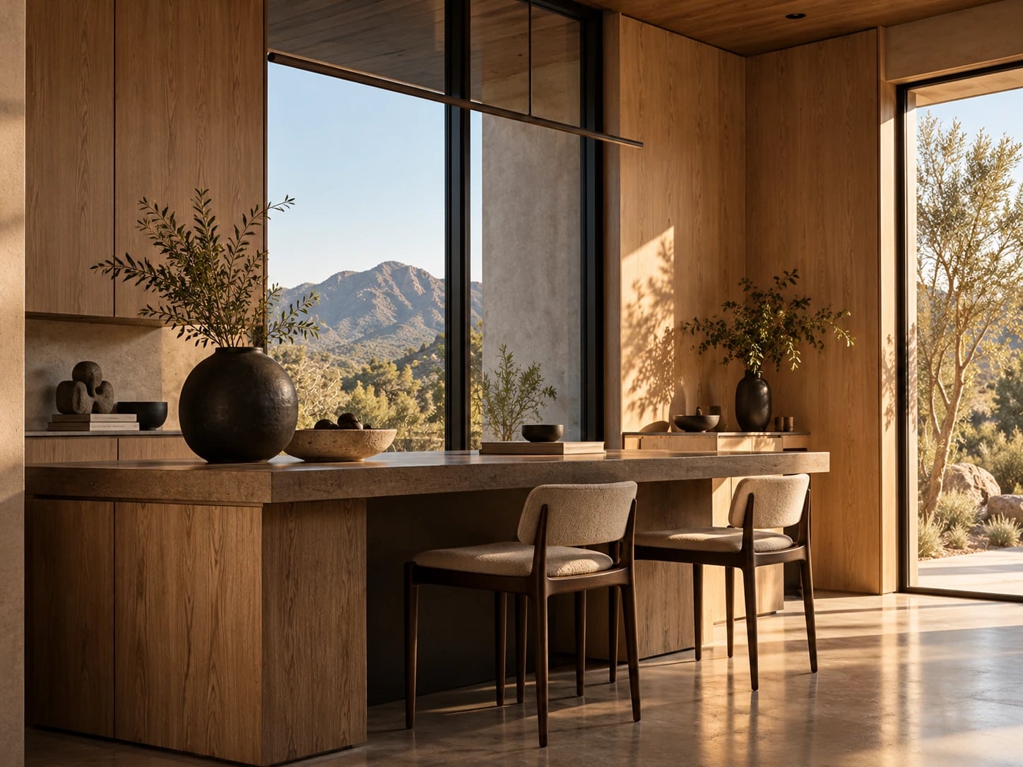 A quiet wood-lined studio desk with two chairs and a ceramic vessel, looking out to a mountain landscape